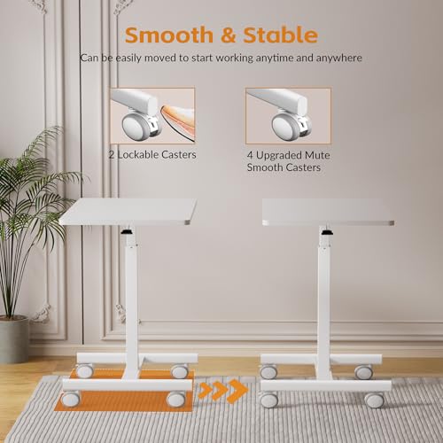 CROWNFURN Mobile Small Standing Rolling Desk Adjustable Height, Portable Laptop Desk on Wheels, Workstation for Home Office with Hook,White - color: White