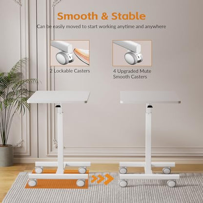 CROWNFURN Mobile Small Standing Rolling Desk Adjustable Height, Portable Laptop Desk on Wheels, Workstation for Home Office with Hook,White - color: White