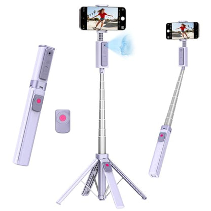 Funme 59'' Auto Face Tracking Tripod, 360° Rotation Selfie Stick for iPhone & Android with Wireless Remote, No App Required, Gesture Control for Vlog - color: Purple