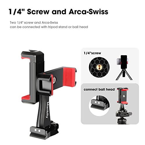 Manbily Phone Tripod Mount Adapter, 360° Rotatable Dual Cell Phone Holder Clip, Adjustable Clamp with 4 Cold Shoe, for Tripod Monopod Selfie Stick Vlog Live Streaming Video Recording