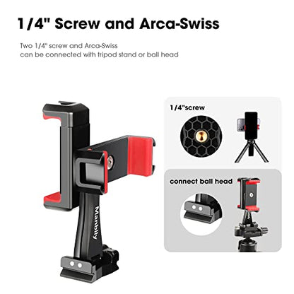 Manbily Phone Tripod Mount Adapter, 360° Rotatable Dual Cell Phone Holder Clip, Adjustable Clamp with 4 Cold Shoe, for Tripod Monopod Selfie Stick Vlog Live Streaming Video Recording