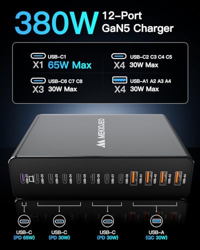 12 Ports Aluminum Alloy 380W Charging Station Fast USB C Charger Block 65W Laptop GaN Charger for MacBook Pro/Air/iPad Pro/iPhone (Gray) - color: Gray