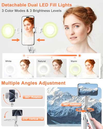 Yeaki 71” Auto Face Tracking Tripod for iPhone with Light,360° Rotating Phone Stand with Rechargeable Remote Control for TikTok Vlog, Phone Tripod for Android Camera/GoPro/Ring Light (White) - color: White
