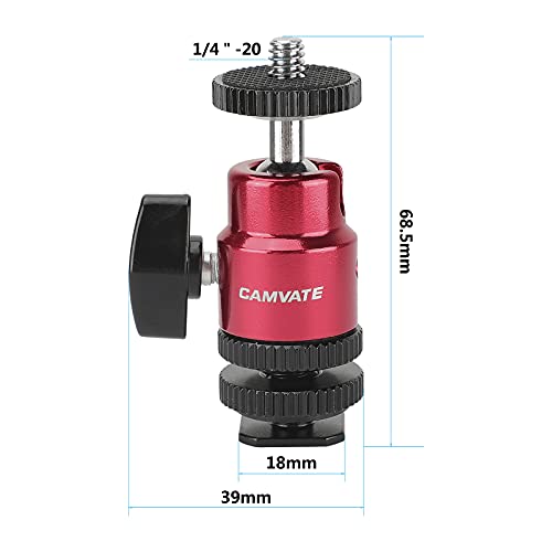 CAMVATE Ball Head Support (Red) with Double End 1/4"-20 Threads + Shoe Mount Adapter with 1/4" Lock Nuts - 2881