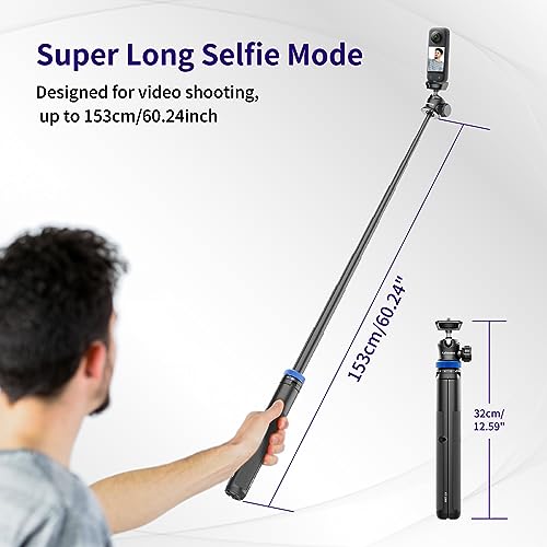 Kaitezenz Selfie Stick Tripod for Gopro Camera, 62" Extendable Tripod Stand with 360° Ball Head 1/4" Screw, Portable Lightweight Camera Tripod for Max Hero 13 12 11 10 DJI OSMO Pocket3 Action Camera