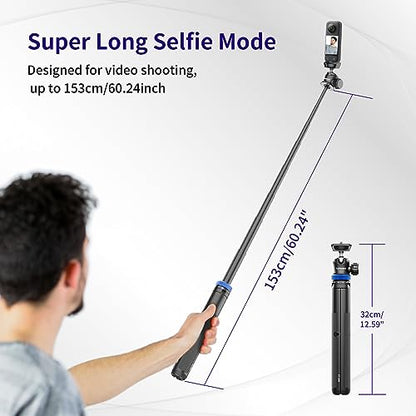 Kaitezenz Selfie Stick Tripod for Gopro Camera, 62" Extendable Tripod Stand with 360° Ball Head 1/4" Screw, Portable Lightweight Camera Tripod for Max Hero 13 12 11 10 DJI OSMO Pocket3 Action Camera
