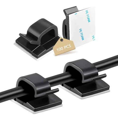Abnii 100PCS Adhesive Cable Clips, Wire Holder Organizer Cord Management, Cable Staples Outdoor Strong Cord Clips for Wall, Desk, Christmas Lights, String Lights, TV PC Ethernet Cable, Black Small - color: Black, size: Small