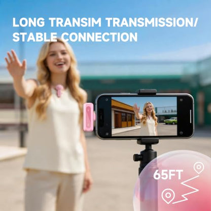 tongyu J3 Lavalier Microphone Wireless Mini Mic for iPhone Android/Tablet/PC Video Recording Clip-on Mics with DSP Noise Cancellation, Ideal for Vlog Tiktok YouTube Content Creator-Pink