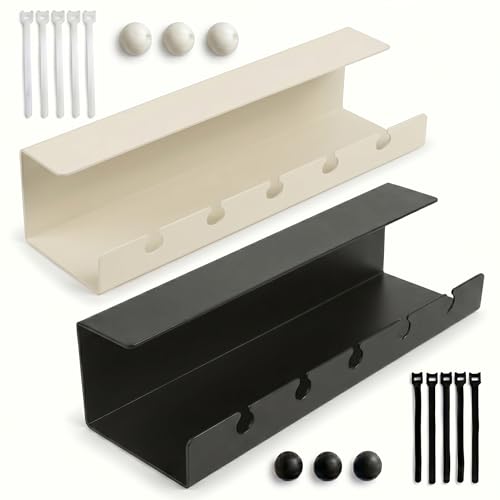 Under Desk Cable Management Tray No Drill, Cord Organizer for Desk, Wire Organizer, Cable Tray for Home Office Standing Desk, Wire Managment, Cord Hider, Set of 2 pcs (1 Black & 1 White) - color: Black/White