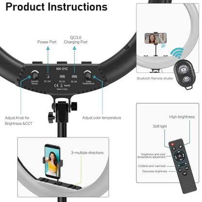 Hagibis 21 inch Ring Light with Stand Outer 55W 5600k Dimmable LED Light, Tripod Stand,and Phone Holder，Remote Controller,Carrying Bag ，CRI 97+ 2540lux, for Streaming Home Office Zoom Call Lighting