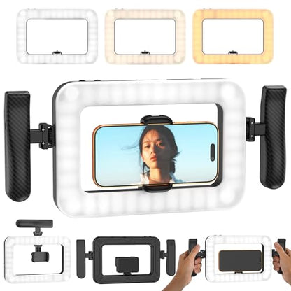 Smartphone Video Rig with LED Light, Ring Light for Phone, Video Recording with Remote, Adjustable 2900K-7000K&CRI 95+, Handheld Makeup Light for YouTube TikTok Live Streaming Makeup Vlogging