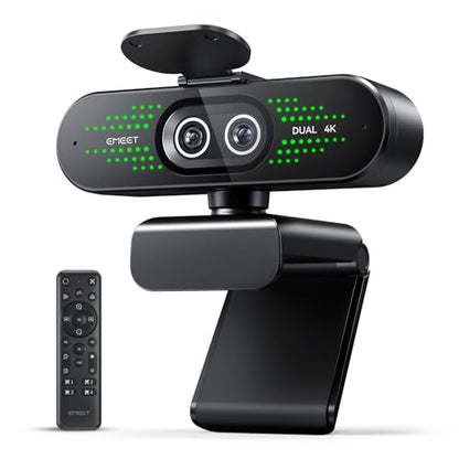 EMEET NOVA 4K Dual-Camera 4K Webcam for PC, Wide-Angle and Telephoto Cameras, Max 11X Hybrid Zoom, PDAF Focus, Remote Control, RGB Lights, Webcam with Microphone for Business or Personal Online Calls - style: 4K Dual-Camera Remote
