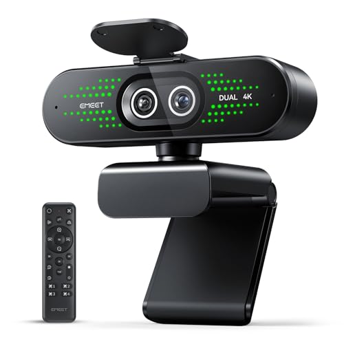 EMEET NOVA 4K Dual-Camera 4K Webcam for PC, Wide-Angle and Telephoto Cameras, Max 11X Hybrid Zoom, PDAF Focus, Remote Control, RGB Lights, Webcam with Microphone for Business or Personal Online Calls - style: 4K Dual-Camera Remote
