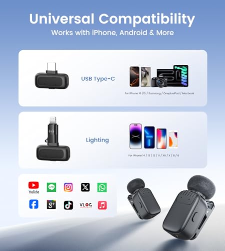 Mini Wireless Lavalier Microphone for iPhone/Android/PC with USB-C Plug, Noise Reduction, 25H Battery Life with Charging Case, Plug & Play, Tiny Mics for Vlogging & Podcast