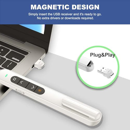 QUI Presentation Clicker with Volume Control, 2.4GHz USB Wireless Presenter Remote, PowerPoint Clicker Slide Advancer Compatible with Mac, Windows, Google Slides, Keynote - color: White, size: L