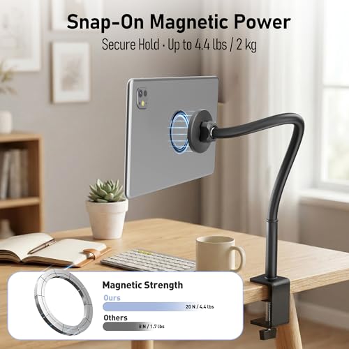 Magnetic Gooseneck Tablet Holder, iPad Desk Clamp Mount for Bed & Desk | 360 Degree Adjustable Arm, Compatible with MagSafe, Fits 4.7-13.5" Devices, Phone, iPad Pro/Air/Mini, Kindle Fire, Galaxy Tab