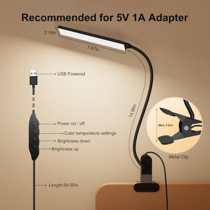 Vansuny Clip on Light LED Desk Lamp with Eye-Caring LED Light and Metal Clip, 6 Level Brightness 3 Color Modes, Power by USB Port 5W Adjustable Neck Reading Lamp for Home and Office (5W, Black) - color: Black