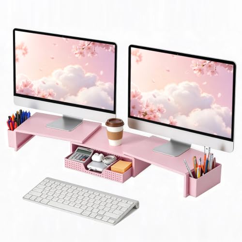 LEKETREE Dual Monitor Riser with Drawer and Pen Holder, Desk Organizer and Accessories, Pink Monitor Stand for Desk, Computer Stand for Desktop, Laptop, TV and More (Pink) - color: Pink