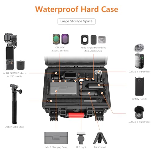 AMAZEAR Waterproof Hard Case Compatible with DJI OSMO Pocket 4, Pocket4 Creator Combo Accessories Dual-Layer Hard Shell Cover Travel Box for Carrying, Protection, Storage, Organization, Black