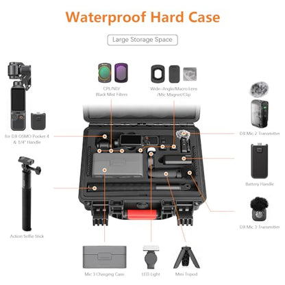 AMAZEAR Waterproof Hard Case Compatible with DJI OSMO Pocket 4, Pocket4 Creator Combo Accessories Dual-Layer Hard Shell Cover Travel Box for Carrying, Protection, Storage, Organization, Black