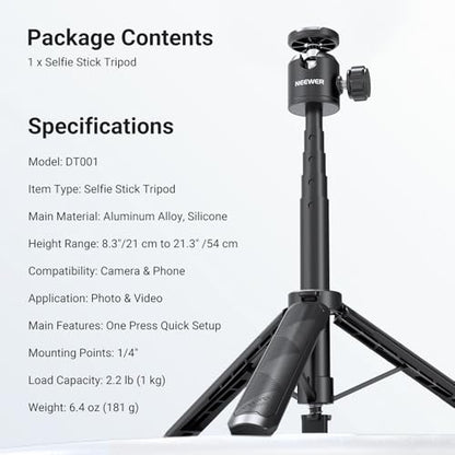 NEEWER Basics Extendable Selfie Stick Tripod, Metal Portable Stand Handle Grip Compatible with Canon G7X Mark III Sony ZV-1 RX100 VII A6400 A6600 Nikon Camera Webcam for Vlogging, DT001