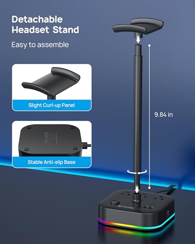 TROND Headphone Stand with USB C, Desk Gaming Headset Holder with 3 AC Outlets, 2 USB-A and 1 USB-C, Headset Stand with 5 RGB Light Modes, for Gaming Desk Accessories Gamer Boyfriend Gifts
