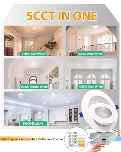 zouzai 6 Inch Gimbal LED Recessed Lights, White, 12 Pack, with Junction Box, 360°+ 90° Adjustable, 5CCT 2700K-5000K, Dimmable, Canless Eyeball Downlight, CRI90+, 1700LM 15W 120V, ETL - color: White-6 inch, size: 12 Pack