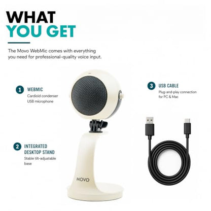 Movo WebMic USB Dictation Microphone in White – Cardioid for Vibe Coding | Cardioid Pickup Rejects Background Noise For Accurate Dictation. Gain Knob, Headphone Out, Mute. Desktop Stand, No Drivers. - color: Pearl White