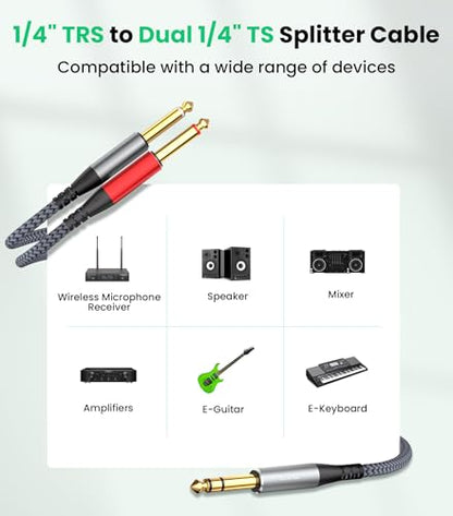 Tisino 1/4 inch TRS Stereo Splitter Y Insert Cable - 6.6 Feet, 1/4" Stereo to Dual 6.35mm TS Mono Y-Splitter TRS Breakout Patch Cable for Amplifiers, Mixers - size: 6.6 ft
