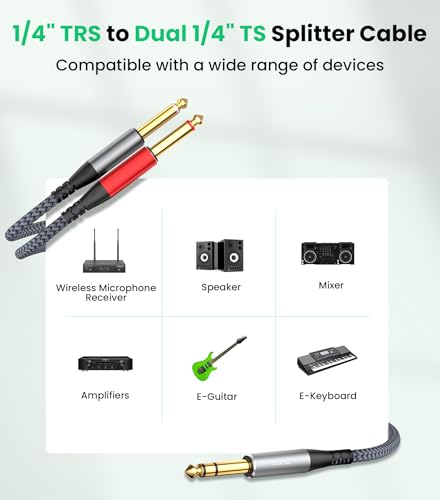 Tisino 1/4 inch TRS Stereo Splitter Y Insert Cable - 10 Feet, 1/4 inch Stereo to Dual 6.35mm TS Mono 6.35mm Breakout Patch Cable for Amplifiers, Mixers - size: 10 ft