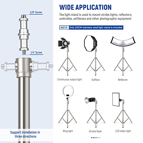 NEEWER 7.2ft/2.2m Stainless Steel Light Stand, Spring Cushioned Heavy Duty Photography Tripod Stand with 1/4” to 3/8” Screw Adapter for Strobe,LED Video Light,Ring Light, Monolight, Softbox - style: ST-220SS