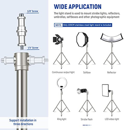 NEEWER 7.2ft/2.2m Stainless Steel Light Stand, Spring Cushioned Heavy Duty Photography Tripod Stand with 1/4” to 3/8” Screw Adapter for Strobe,LED Video Light,Ring Light, Monolight, Softbox - style: ST-220SS