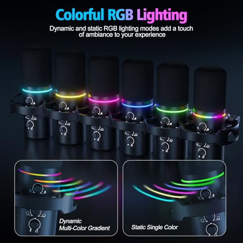 XLR/USB Gaming Microphone with Boom Arm, Dynamic Microphone with One-Touch Mute, Gain Control & Headphone Jack, RGB Podcast Microphone for Streaming, Recording, Vocal