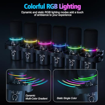 XLR/USB Gaming Microphone with Boom Arm, Dynamic Microphone with One-Touch Mute, Gain Control & Headphone Jack, RGB Podcast Microphone for Streaming, Recording, Vocal