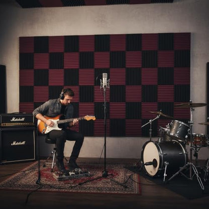 96 PACK Medium Sale Acoustic Foam Soundproof foam (Accompanied By Double-Sided Adhesive Tape)(Black/burgundy) - color: Black/burgundy