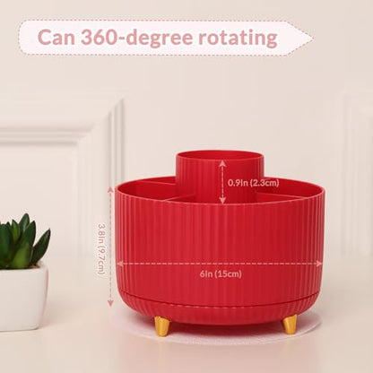SKYDUE 360 Degree Rotating Desk Organizer, Dual-Purpose Pencil Pen Holder, Pen Organizer with 5 Slots, Pencil Cup for Office, School, Home - color: Red