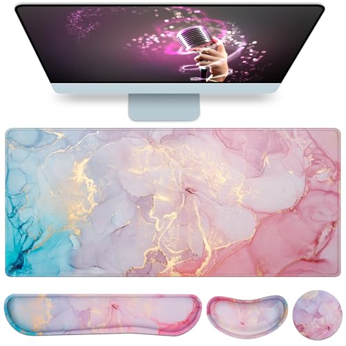 Mouse Pad Pink, Mouse Pad with Wrist Rest, 4-in-1 XXL Extended Large Desk Mat +Mousepad with Gel Wrist Support+Keyboard Wrist Rest+Coaster,Ergonomic Desk Pad for Study Gaming Home Office Computer - color: Pink Blue Marble