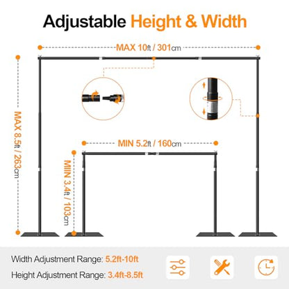 FUDESY Backdrop Stand Heavy Duty, 8.5x10ft Adjustable Photo Background Pipe and Drape Backdrop Stand Kit with Metal Base for Photography Parties Birthday Video Studio - size: 8.5x10ft