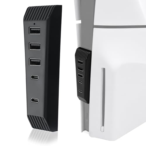 5-Port USB Hub for PS5 Slim and PS5 Pro Console, USB Expander Adapter with 3 USB 2.0 Ports and 2 Type-C Ports, Plug and Play USB Splitter Charger Hub Accessories for PlayStation 5 Slim/Pro - color: black