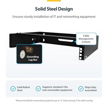 StarTech 2U 19in Wall-Mount Network Rack, 14in, 77lb (RACK-2U-14-BRACKET) | Low-profile shallow rack, M6 screws and cage nuts, Fits gear up to 12in deep, Rear cable slot, Steel - size: 2U