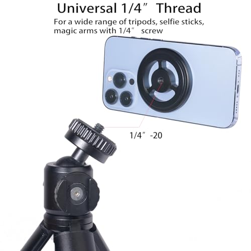 Magnetic Phone Tripod Mount Adapter for Magsafe, with 1/4” Screw and Magnetic Ring Compatible with iPhone 17/16/15/14/13...Samsung, Almost All Cellphones Live, Broadcast Tripod..