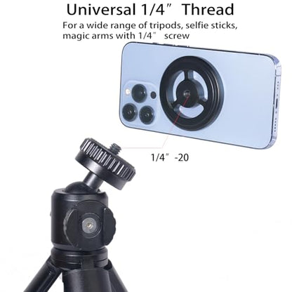 Magnetic Phone Tripod Mount Adapter for Magsafe, with 1/4” Screw and Magnetic Ring Compatible with iPhone 17/16/15/14/13...Samsung, Almost All Cellphones Live, Broadcast Tripod..