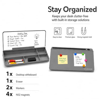 Glass Desktop Magnetic Whiteboard with Storage, Frosted Glass Dry Erase Board for Desk, Desk Organizer with Strong Magnets and Phone Stand for Home Office and School Supplies
