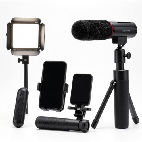 Starter kit with Mini Led Video Light +Pistol Mic+Universal Cell Phone Holder Clip+ Pistol Grip Tripot, Smartphone/Camera Compatible,Black