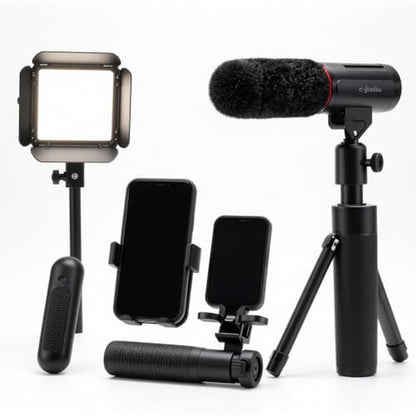 Starter kit with Mini Led Video Light +Pistol Mic+Universal Cell Phone Holder Clip+ Pistol Grip Tripot, Smartphone/Camera Compatible,Black