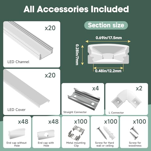 hunhun 20-Pack 6.6ft/2Meter U Shape White LED Aluminum Channel System with Milky Cover, End Caps and Mounting Clips, Aluminum Channel Profile for LED Strip Light Diffuser Installations (20pack*6.6ft) - size: 20pack*6.6ft(White)
