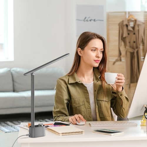 Honeywell Upgraded LED Desk Lamp - H01 Pro Sunturalux™ Foldable Desk Light with USB A+C Charging Port, 3 Color Modes Dimmable Table Lamp for Home Office Reading(Grey) - color: Gray