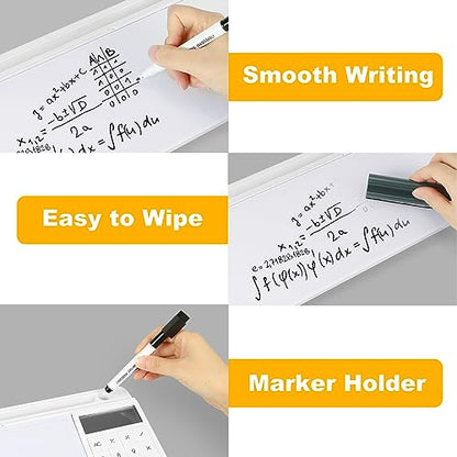 Small Glass Desktop Whiteboard Dry Erase Board with Calculator - Desktop White Board Storage Memo Notepad Computer Keyboard Stand Organizers with Accessories Markers, Eraser for Office, Home, School