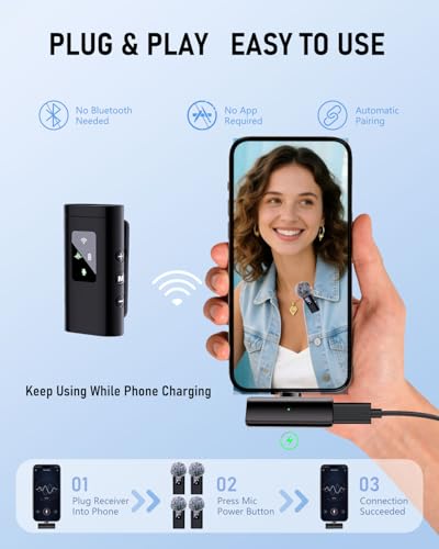 4 Wireless Lavalier Microphone for iPhone Android Phone Pad Computer, Pro Lapel Mini Microphone for Video Recording Vlog Podcast Stream YouTube TikTok, 48KHz 24Bit, Reverb,Noise Cancelling