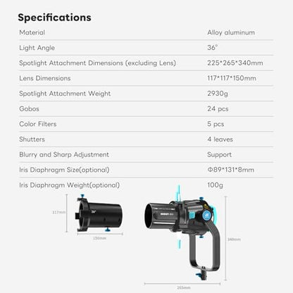 Bowens Mount Optical Snoot Photography,Spotlight Snoot Gobos kit for Monolight,Compatible with Aputure Amaran 100X/D 200D/X,150/300c,600x Pro,Godox SL60 Continuous Light etc - size: Bowens Mount Ultra